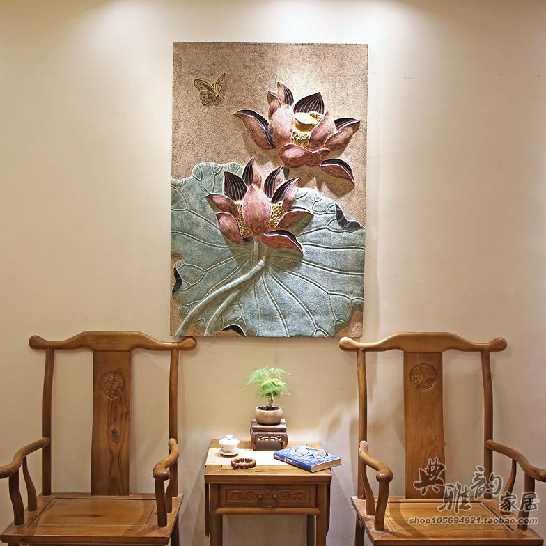 新中式沙发背景墙挂饰挂画壁挂画立体浮雕荷花壁饰树脂挂画大千荷