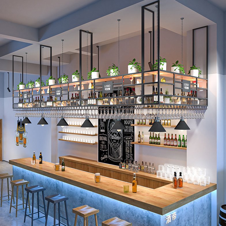 吧台吊柜工业风酒架酒吧悬挂架红酒杯架倒挂架清吧水吧创意置物架