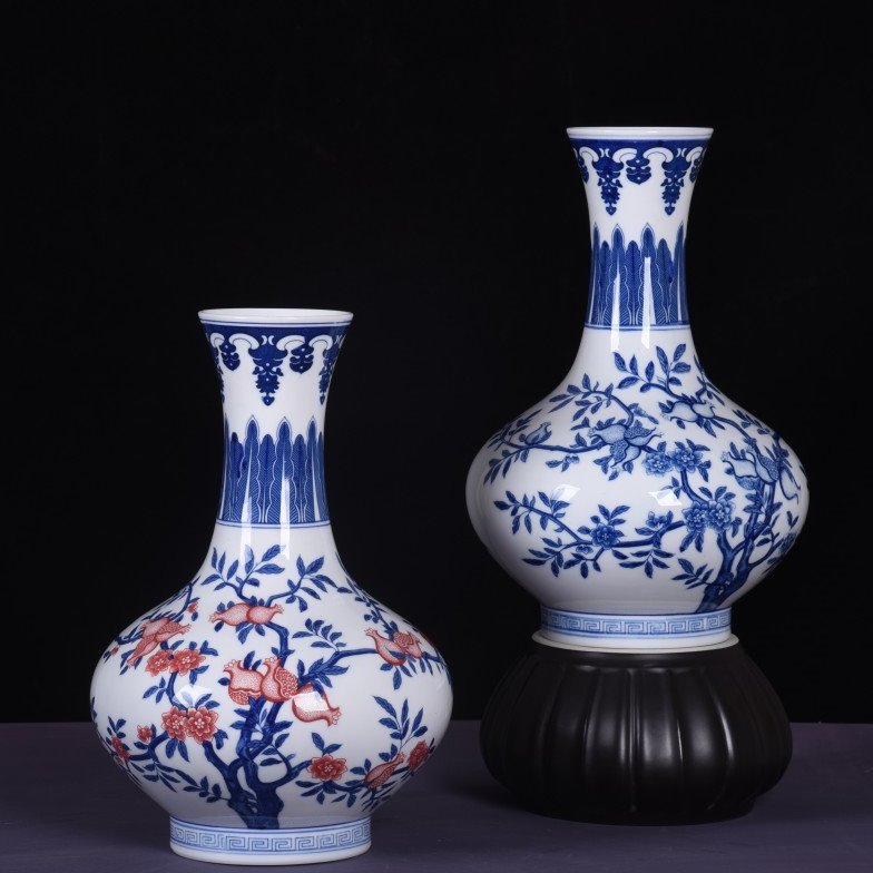 新中式陶瓷器薄胎青花瓷釉下彩仿古花瓶客厅电视柜插花摆件工艺品