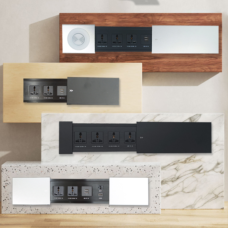 桌面嵌入式插座多功能隐藏式台面滑盖式排插岛台无线充电餐桌家用