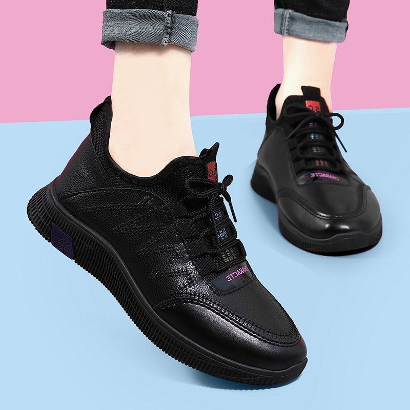 厨房专用鞋上班工作鞋黑色防水防滑女士运动鞋秋冬妈妈皮面二棉鞋