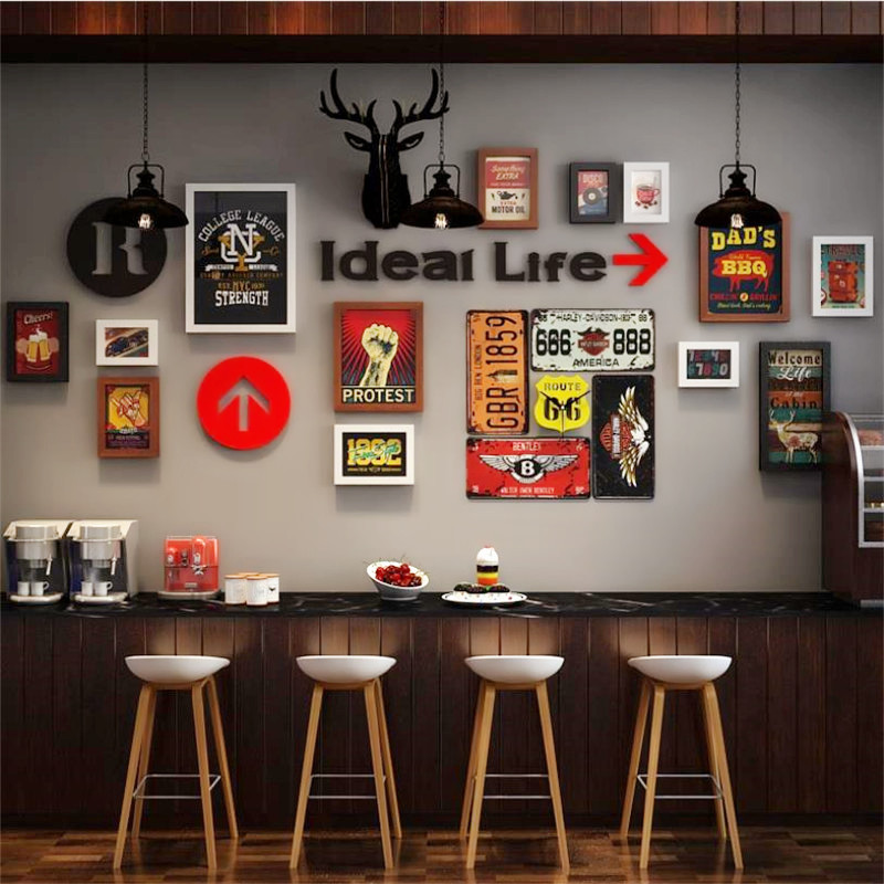 酒吧背景墙装饰画工业风复古墙画火锅咖啡店墙上挂画创意发廊壁画图片