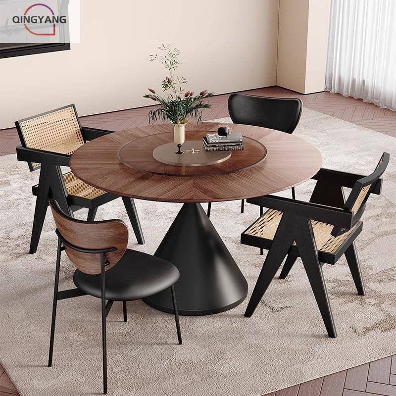 清洋法式复古实木圆餐桌家用中古风小户型胡桃木圆形餐桌椅组合