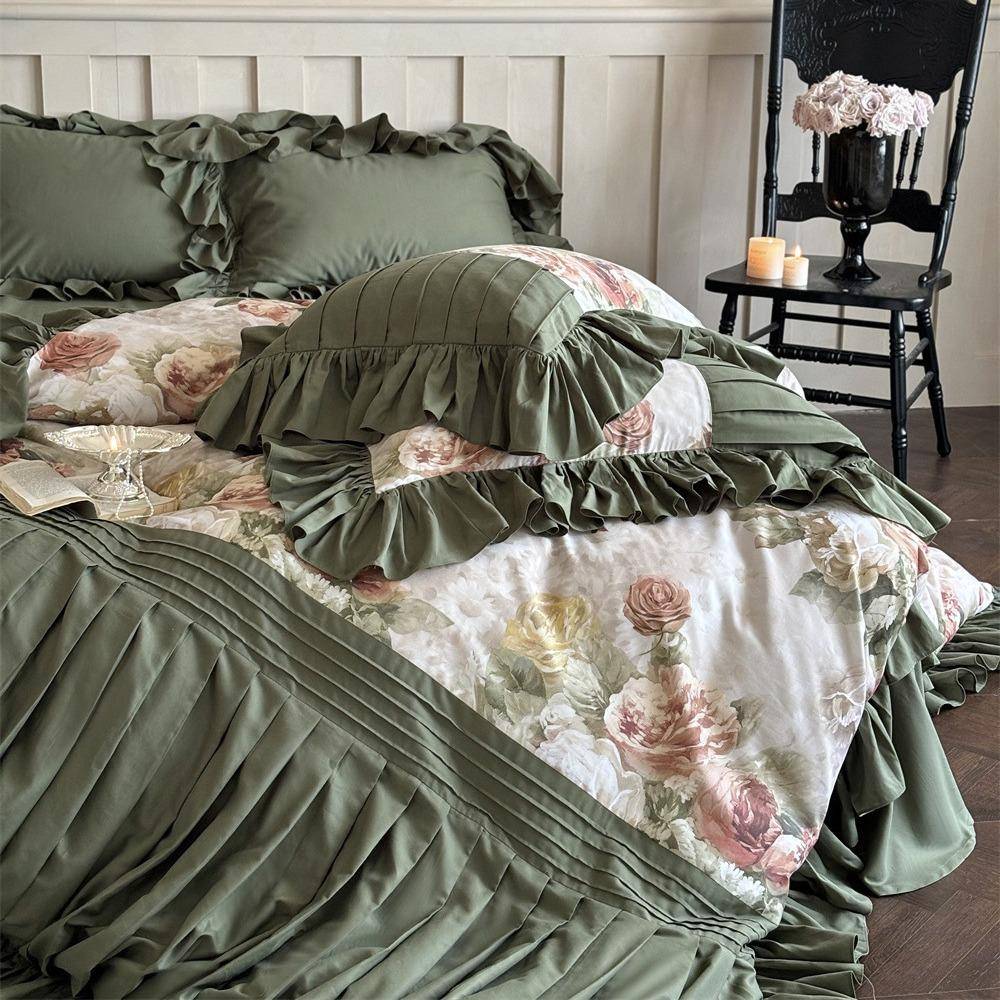 法式纯棉天丝棉磨毛加厚四件套花卉印花褶皱花边被套床单床上用品