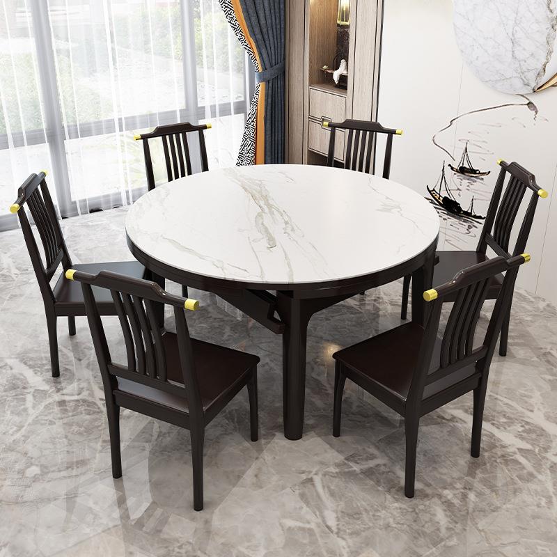 典威新中式岩板餐桌椅组合折叠圆桌方圆两用实木伸缩饭桌工厂