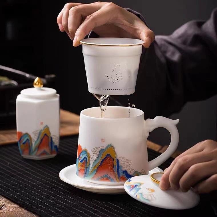 羊脂玉白瓷茶水分离高档轻奢泡茶杯陶瓷办公室过滤个人专用茶杯