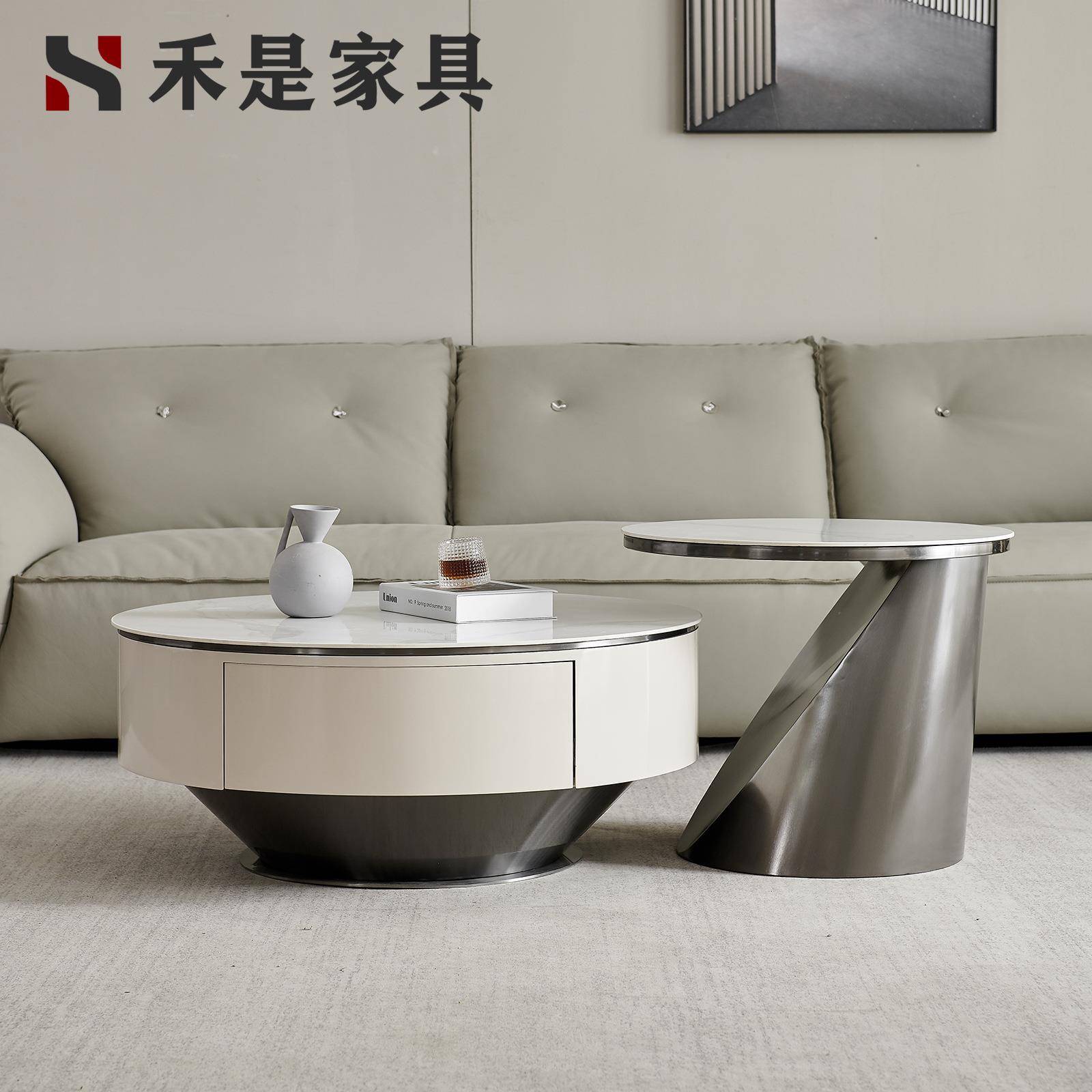 意式轻奢现代简约高端不锈钢岩板圆茶几电视柜组合小户型客厅家用