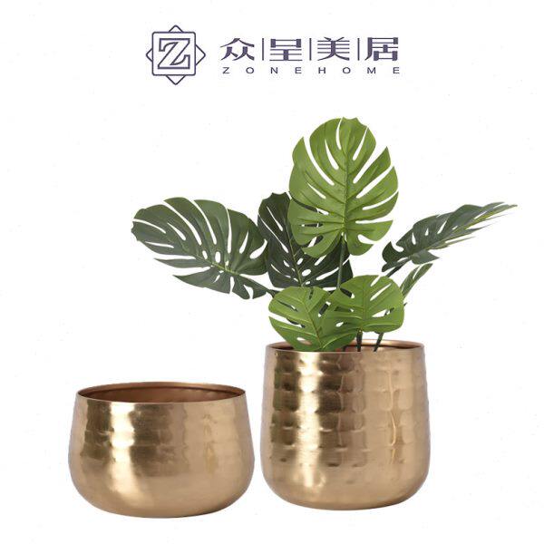 现代金色金属花盆意式新亚洲风格阳台花架摆件样板房玄关果盘花器