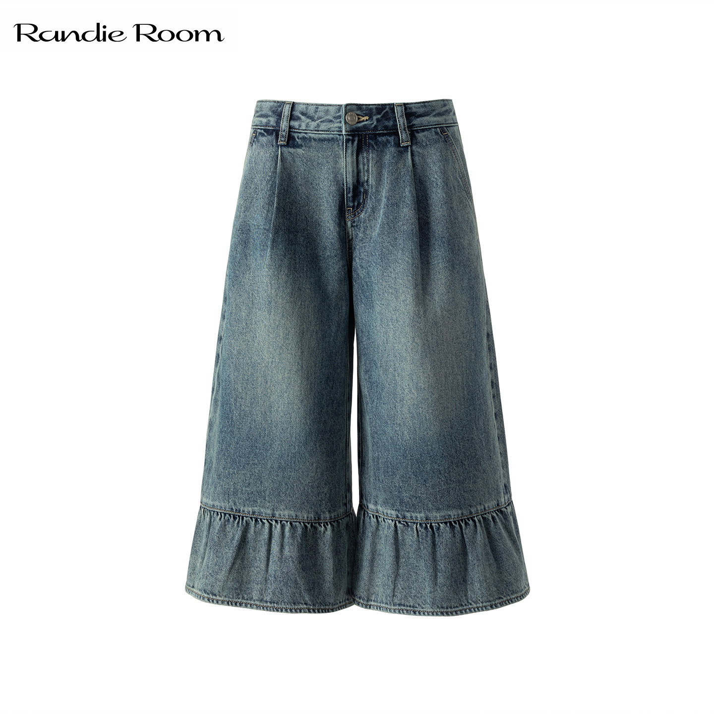 RandieRoom C2荷叶边中裤 100棉复古高腰水洗阔腿七分裤