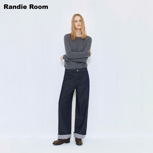 极简阔腿裤 深蓝条纹翻边复古直筒高腰牛仔裤 女 S501 RandieRoom