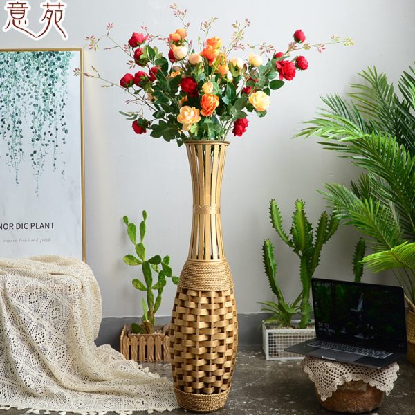 意苑轻奢风格细长竹编落地插花摆件客厅电视柜北欧样板间玄关花瓶