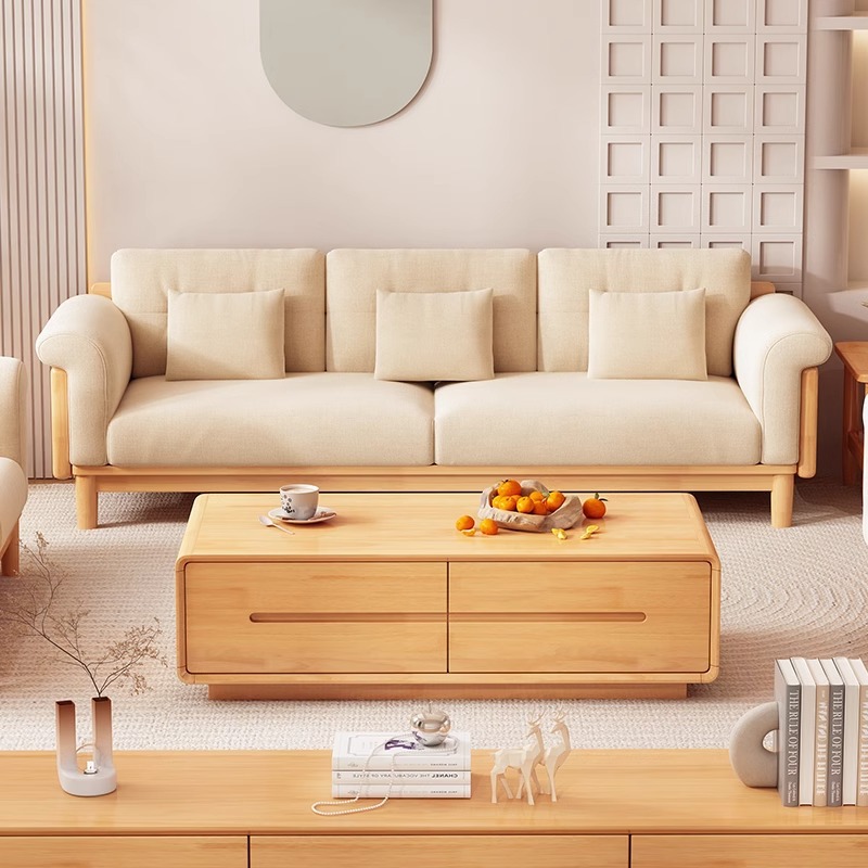 日式云朵沙发实木三人位原木风客厅小户型奶油风简约可拆洗布沙发