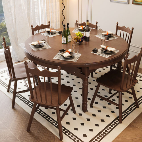 实木圆桌餐桌椅组合可伸缩折叠