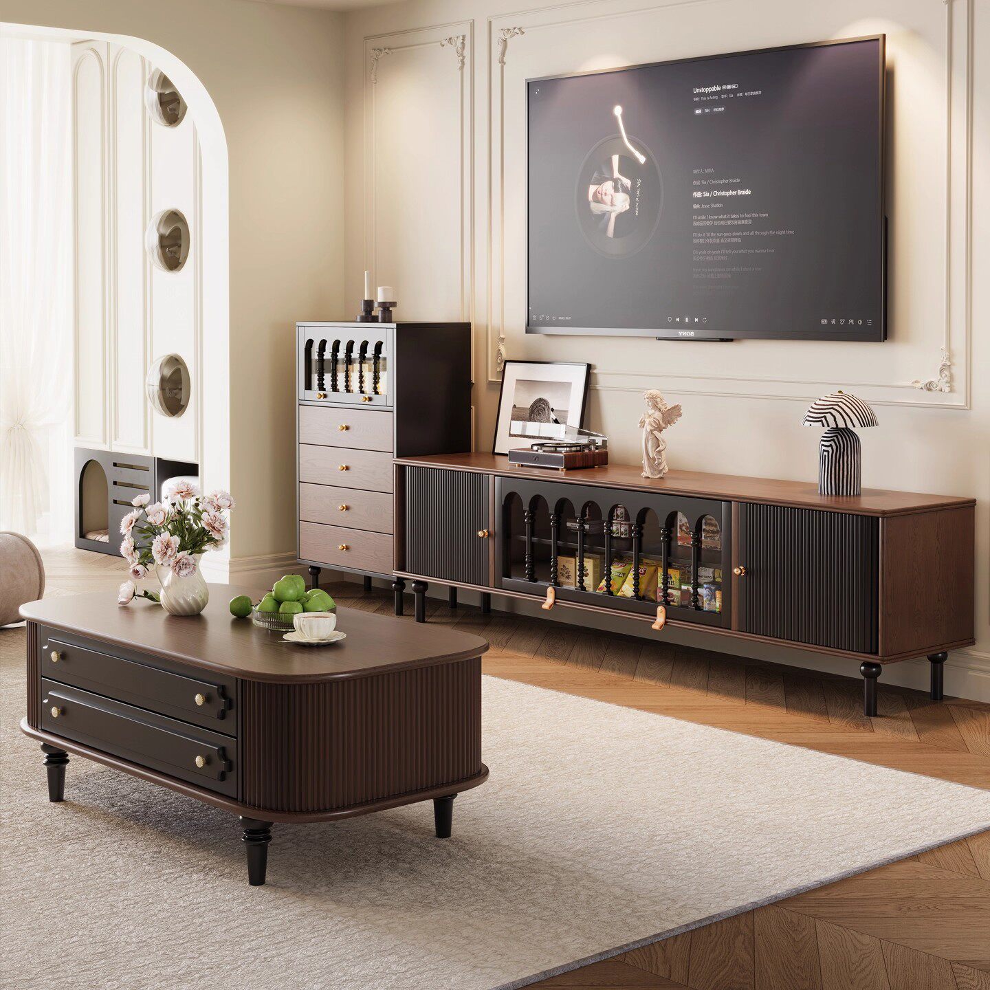 中古风电视柜茶几组合实木客厅家用法式复古视听柜地柜轻奢高级感