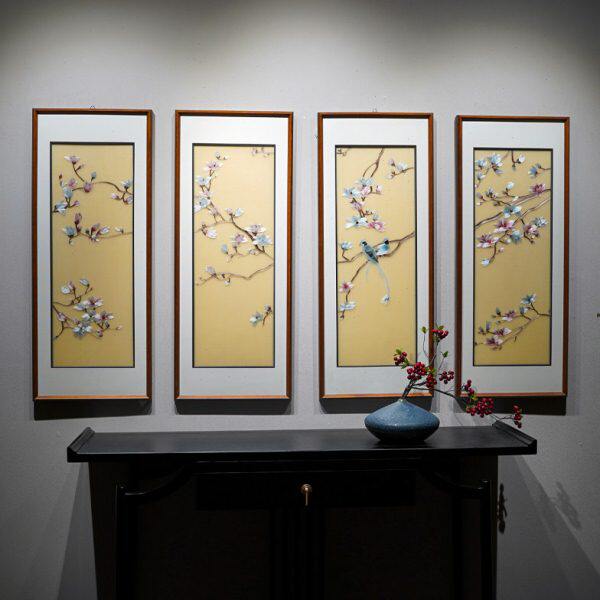 新中式花鸟四联玉兰花鸟纯手工刺绣客厅沙发背景墙带框的成品挂画
