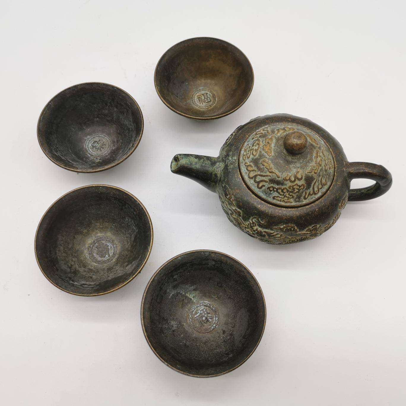 古玩杂项直销铜做旧茶具仿古铜茶杯茶壶一套古玩收藏