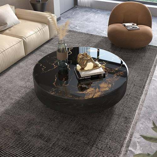 意式极简圆形大理石实木茶几家用小户型简约现代天然超晶石圆茶几