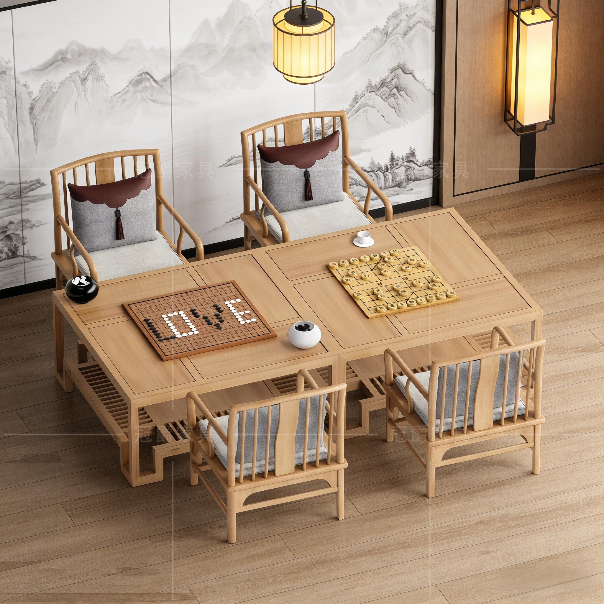 新中式实木棋牌桌象棋围棋两用架空层老年活动中心下棋牌桌椅组合