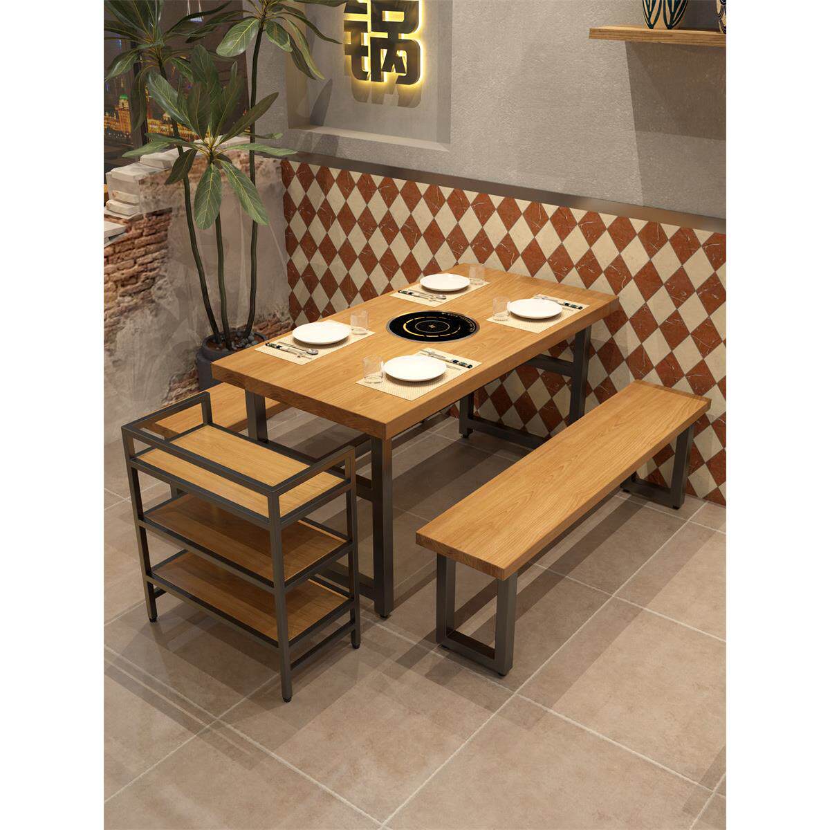 工业风火锅电磁炉一体桌餐饮店餐桌椅组合烤肉店餐厅铁艺实木长桌