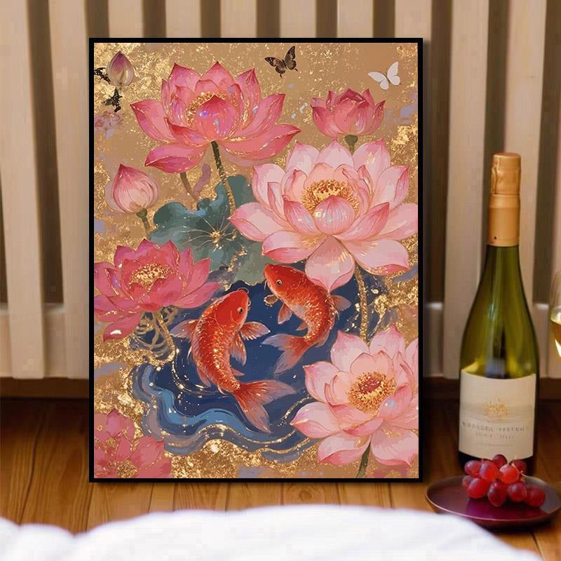金粉荷塘锦鲤莲花5d钻石画满钻2026新款贴画客厅手工diy粘贴闪钻