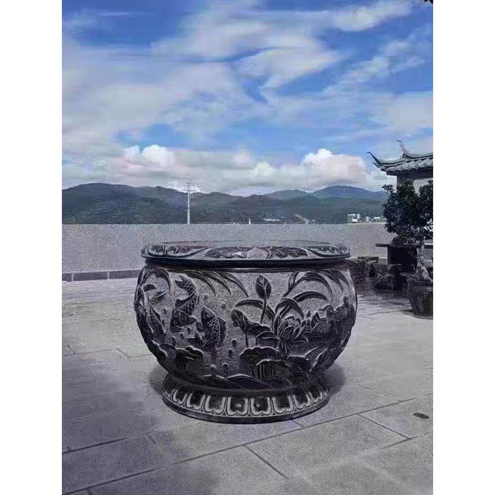 石雕鱼缸花盆青石彷古做旧圆形荷花缸户外室内庭院装饰石头缸摆件