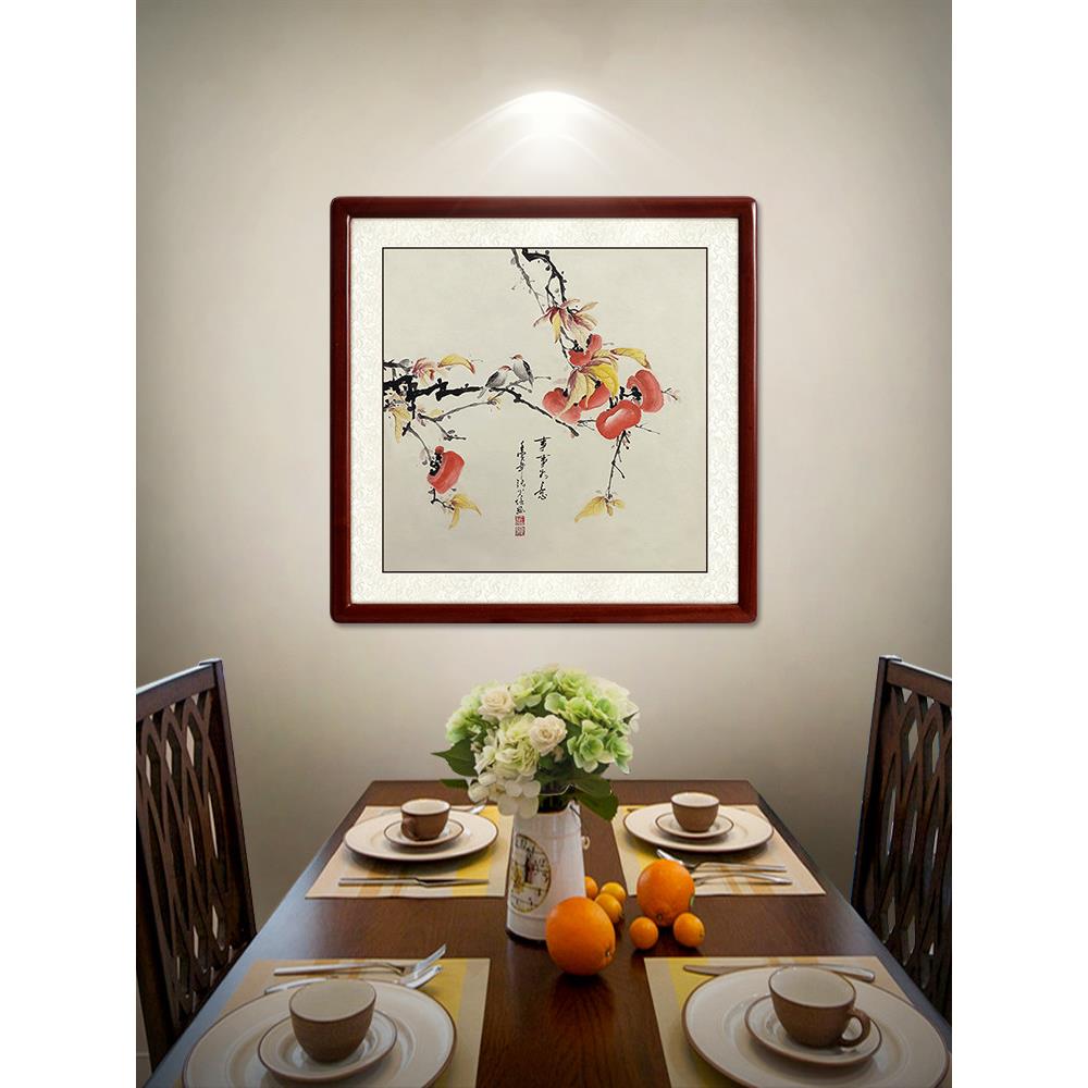 手绘事事如意柿子画新中式餐厅装饰画高档客厅配电箱走廊玄关挂画