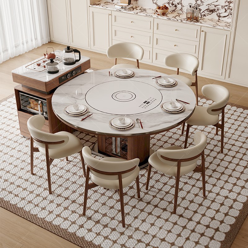 可分离式岛台餐桌一体家用中古风可伸缩岩板实木圆桌智能暖菜转盘