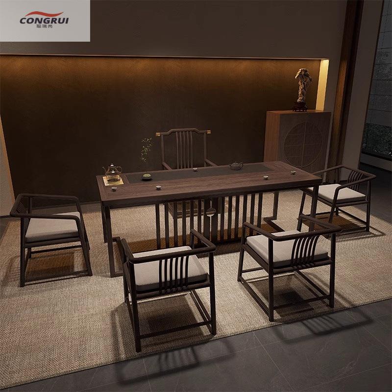 乌金实木组合茶桌椅一桌五椅办公室茶几套装一体家用茶台