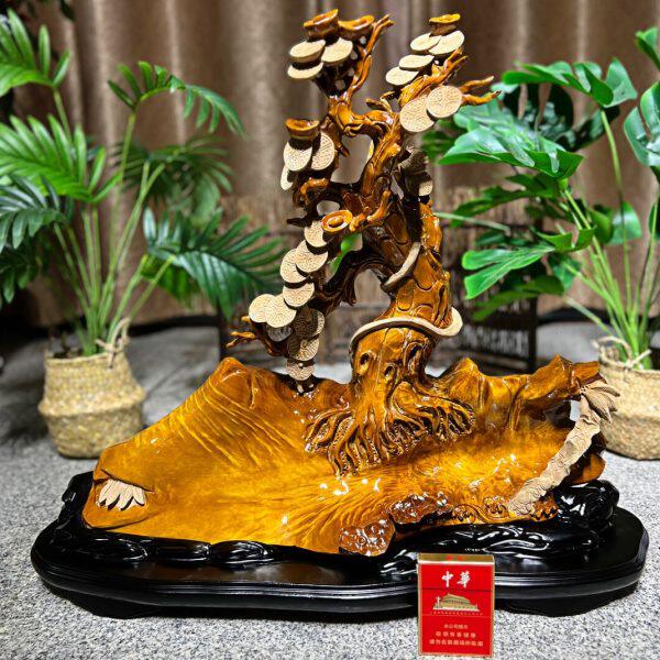 摇钱树木雕金丝楠木摆件阴沉木乌木根雕山水花鸟动物招财树发财树