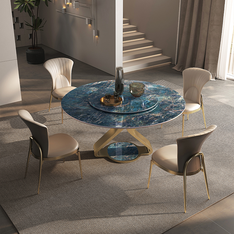 轻奢微晶石餐桌圆桌带转盘简约别墅G大理石意式奢石岩板圆餐桌