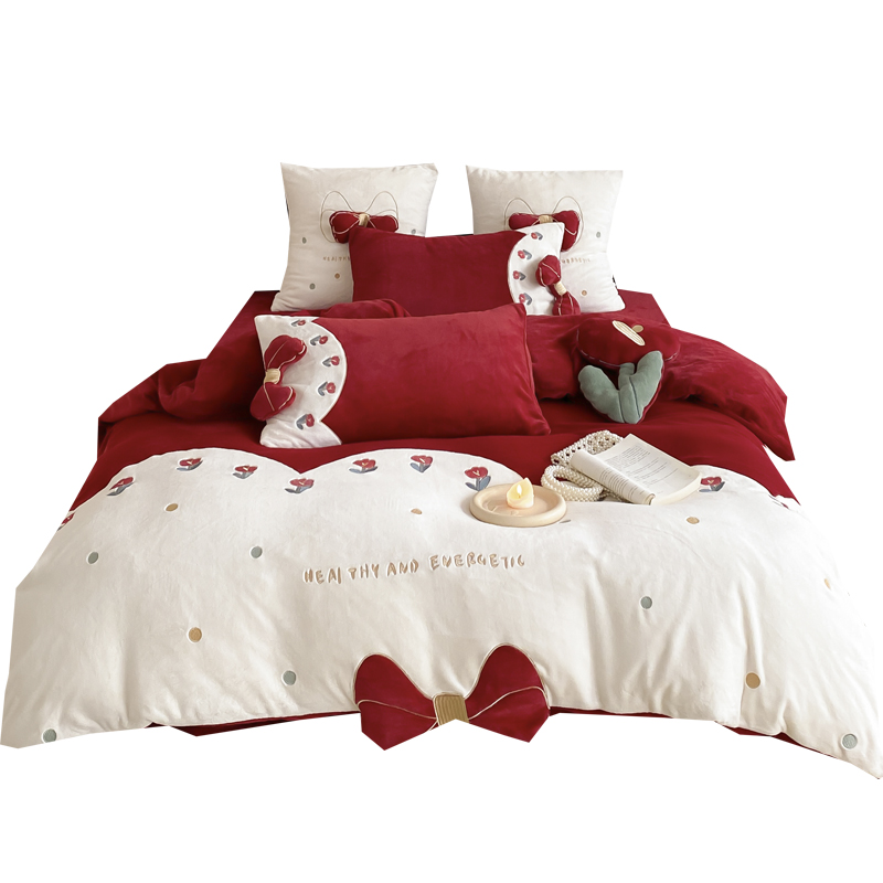 少女心喜庆花朵布贴绣牛奶绒四件套冬天珊瑚P绒加厚保暖结婚被套