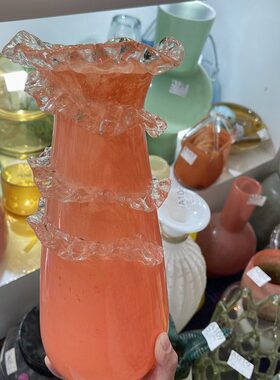 稀有橙色透明荷叶边美丽花瓶百搭鲜花花器高30口5