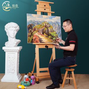 绘岳红榉木油画架单手摇画架双摇杆可升降可前倾后仰落地画架木制