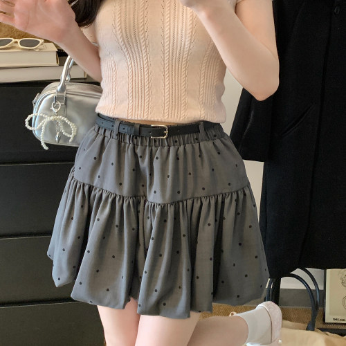 实拍 甜美波点配腰带花苞松紧腰宽松型半身裙女高腰显瘦A字裙减龄