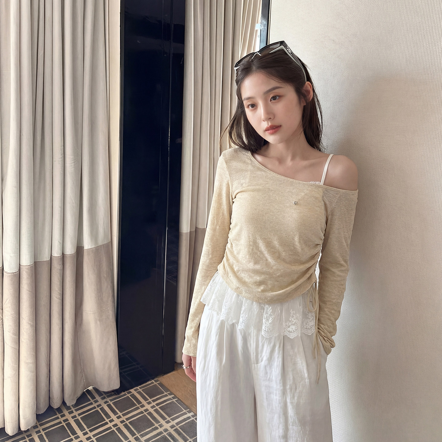 AI实价#冰丝针织衫女薄款防晒罩衫蕾丝拼接吊带背心抽绳两件套