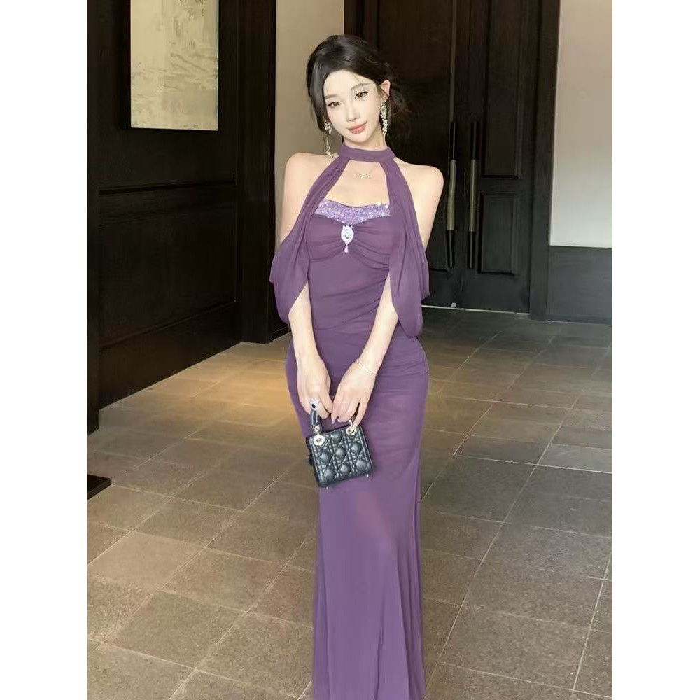 胸垫配饰两件套名媛辣妹性感一字肩抹胸长裙气质收腰修身