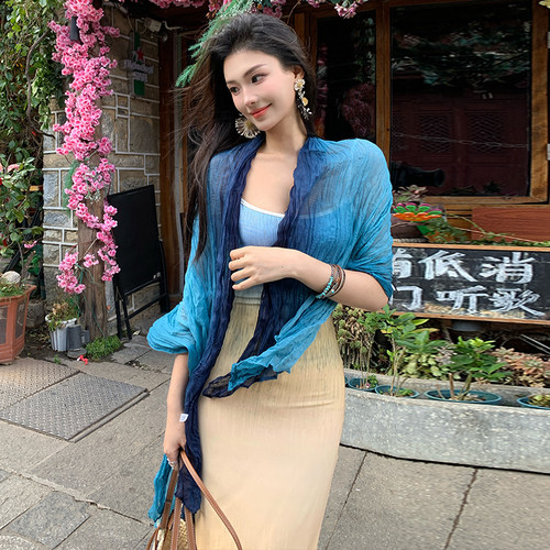 实拍蓝色复古油画渐变吊带鱼尾裙女夏气质修身小众连衣裙