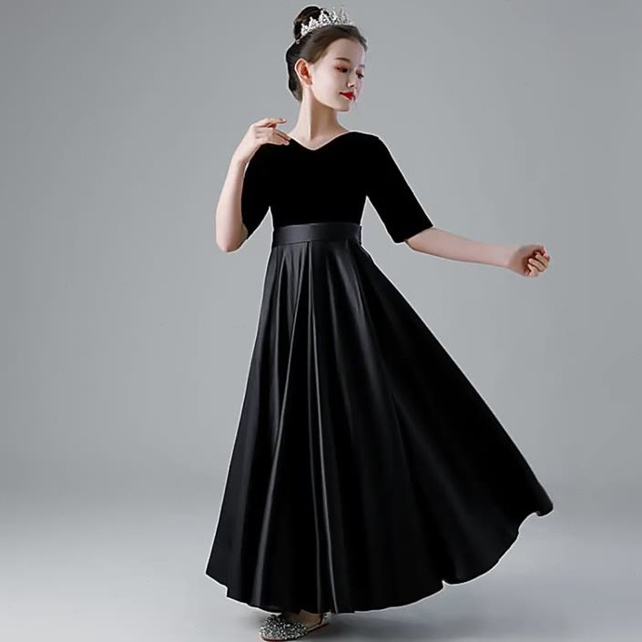 女童黑色礼服裙钢琴小提琴表演服管弦乐团合唱演出服弹力