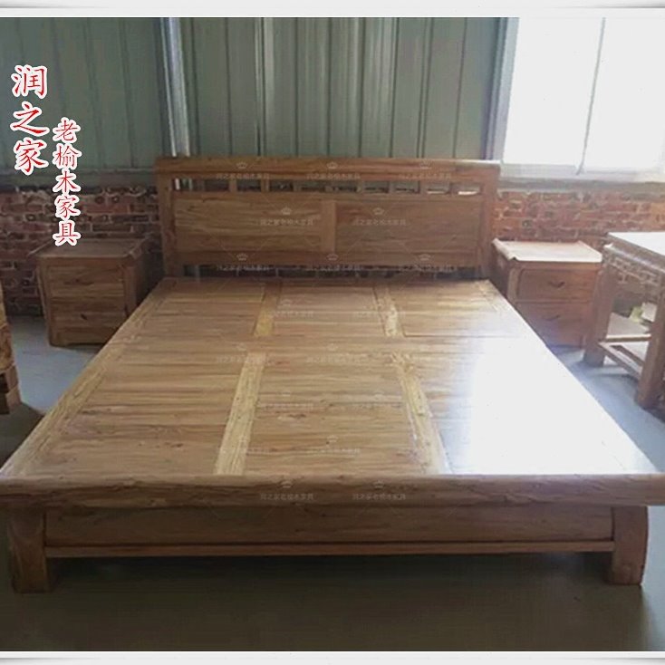 老榆木实木双人床1.8米简约现代韩式家具原木带抽屉可拆分木制床