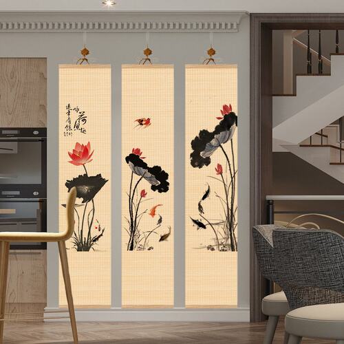 中式竹帘挂画挂帘茶室客厅禅意背景玄关隔断装饰墙面免打孔竹挂画