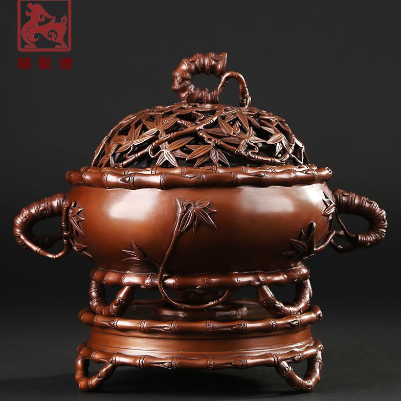 铜聚德 纯铜竹节连座香薰炉 纯紫铜手工仿古香道佛具用品铜熏香炉