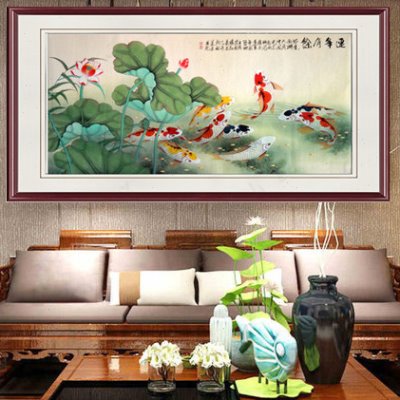 名家纯手绘牡丹九鱼图精品国画鲤鱼工笔画四尺荷花九鱼图年年有余