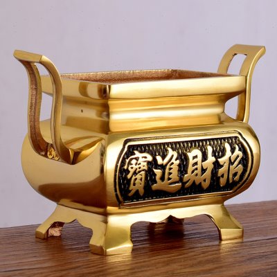 纯家用供奉祖先财神土地黄铜香炉碗双耳四方香薰炉供佛拜神插立香