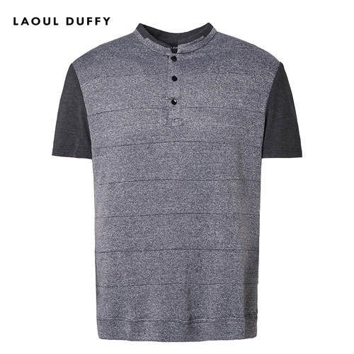 LAOUL DUFFY浅灰花沙拼蓝色袖子立领商务T恤男款夏季上衣DT16299A