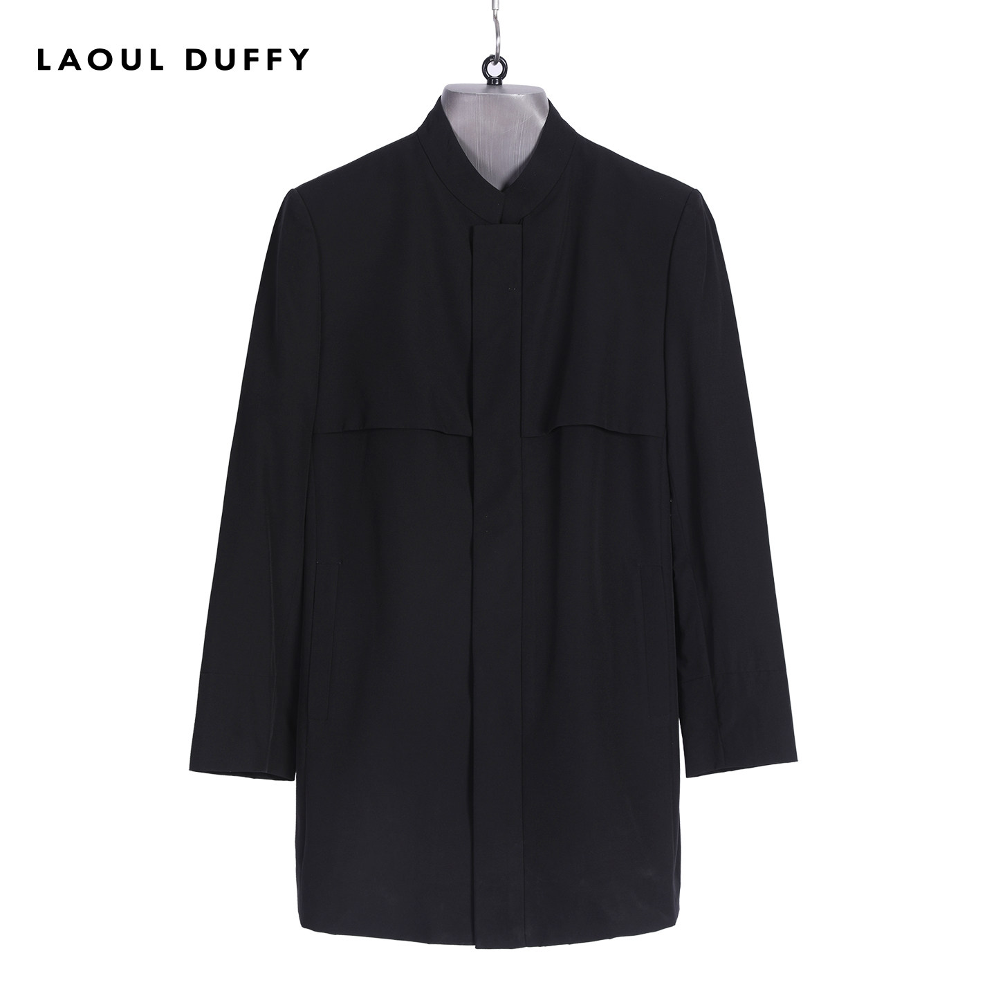 LAOUL DUFFY黑色立领中长款风衣秋冬拼接兜男款宽松外套DF19125A