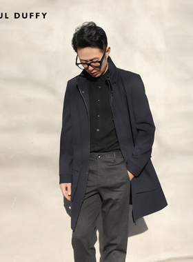 LAOUL DUFFY男装外套藏蓝小方块肌理设计带帽中长款风衣DF18325A