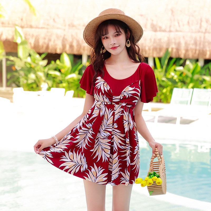 百雅大码泳衣女160斤胖mm连体遮肉妈妈时尚印花裙式保守温泉泳装