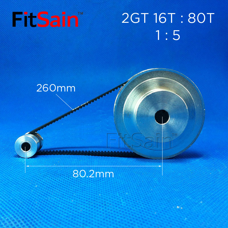 FitSain-2GT皮带轮GT2同步轮16齿:80齿1:5减速中孔5-6-8-10-12