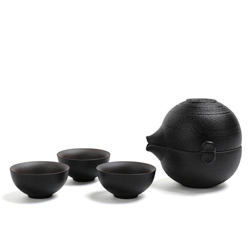 功夫茶具套组黑陶旅行套装一壶三杯个性茶道便携式茶具车载鱼型嘴