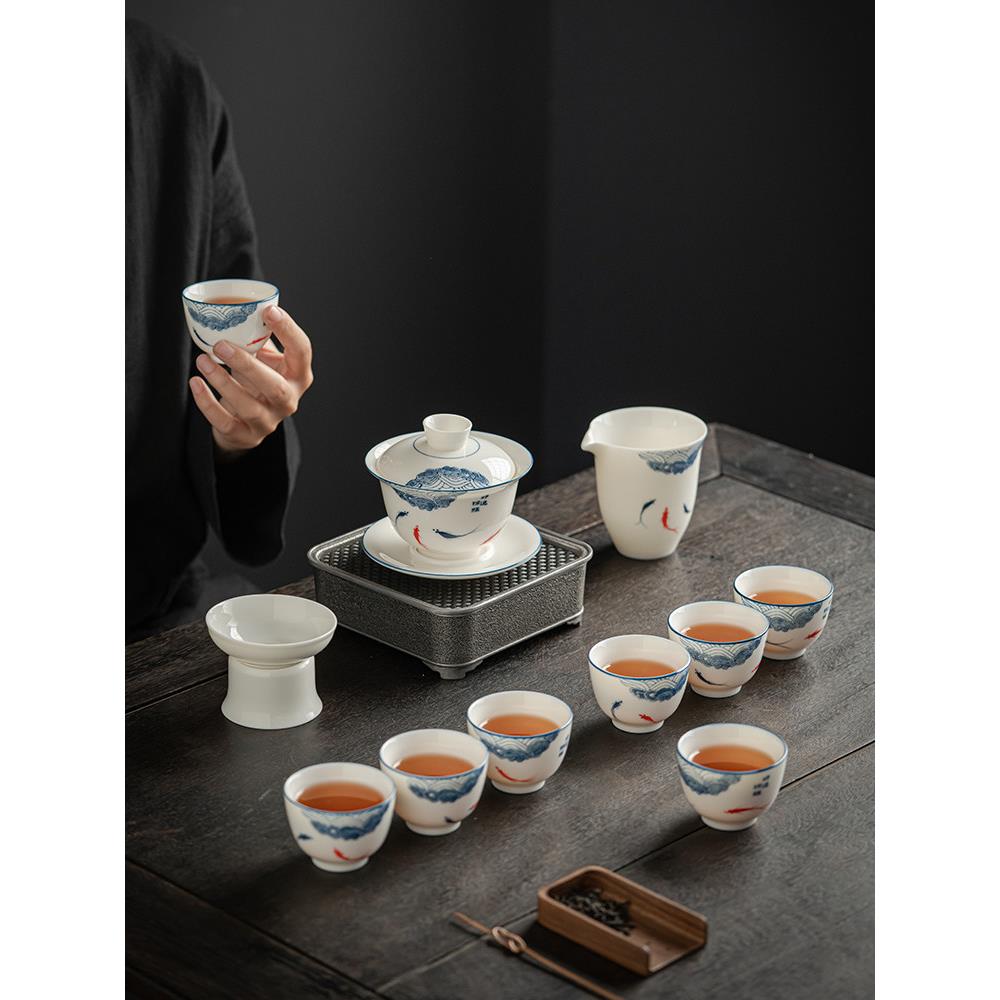 羊脂玉白瓷功夫茶具悬停盖碗家用陶瓷喝泡茶客厅轻奢高档礼盒套装